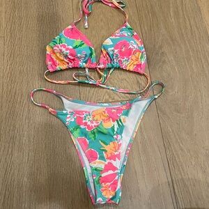 SHEIN Pink Green Floral String Triangle Bikini